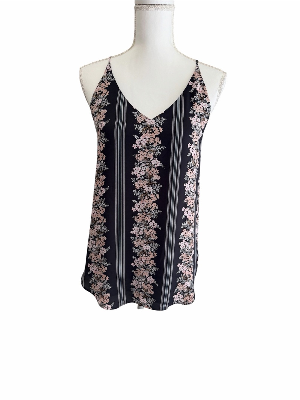 LOFT Black V-Neck Floral Stripe Cami with Pink Blossoms